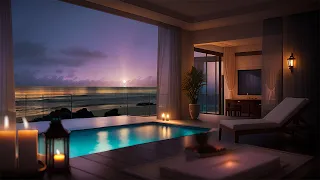 Night Seaside Atmosphere In Luxury Hotel 4K with Relaxing Jazz. Perfect Space of a High-Class Resort