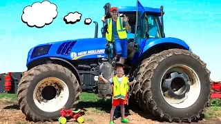 Tractor Broken Down  Alex Ride on Power Wheel TRACTOR to help man  Funny adventures for kids