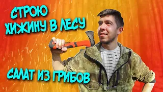 НАЧАЛ СТРОИТЬ ХИЖИНУ В ЛЕСУ. ДЕНЬ 1. ПРИГОТОВИЛ САЛАТ ИЗ ГРИБОВ НА КОСТРЕ. SOLO BUSHCRAFT CAMP.