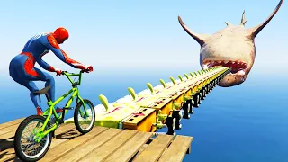 GTA Water Ragdolls Spiderman vs SpongeBob Jump/Fails #99 (SpongeBob Bridge ,Megalodon)