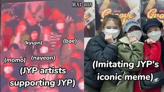 jyp artists *especially twice* supporting their boss (also clowning)