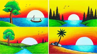 Collection of Drawing a Beautiful Beach Sunset Scenery With Oil Pastel | How To Draw Easy Sunset