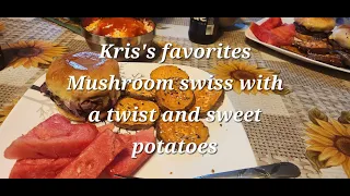 Kris's favorites Mushroom swiss with a twist and sweet potatoes #comfortfood