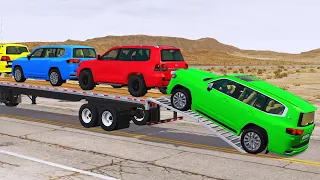 Flatbed Trailer Toyota LC Cars Transportation with Truck - Pothole vs Car #015 - BeamNG.Drive