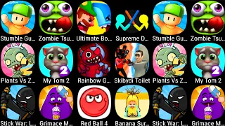 Plants vs Zombies 2,Grimace Monster DOP,Banana Survival Master,Stumble Guys,Tsunami,Skibydi Toilet..