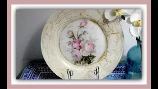 Plato decorado con decoupage y craquelado casero con cola blanca (pegamento escolar) - tutorial -diy