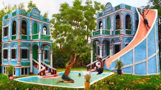 Building Three Story Mud Villa House With Design Beautiful Water Slide & Swimming Pool [ Full Video]