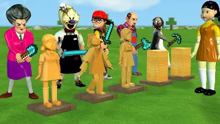 Scary Teacher 3D vs Squid Game Help Herobrine Nick Break Wooden Blocks Create Statue Squid Game Doll