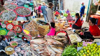 Boeng Tompun Food Market scene, massive food. Fresh Meats River Natural Fish, Vegetables