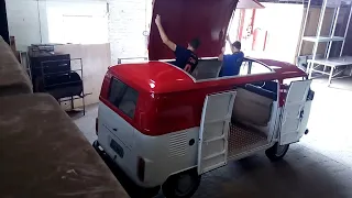 Amateur builder VW Kombi Clipper 1990 Food Truck Transformation, Tiny Restaurant (time lapse)