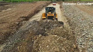 Heavy Caterpillar D6R2 Bulldozer Pushing Gravel For Building Foundation Of Road & Truck Unloading...