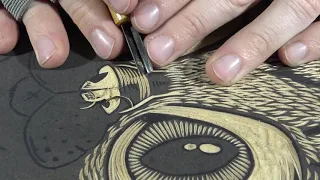 Cat and a fish woodcut block - Relief carving