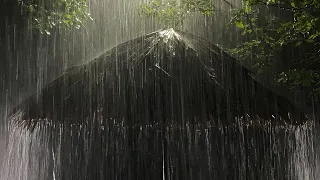 Sleep Instantly in Palm Tent Roof with Dense Heavy Rain & Amazing Thunder in Foggy Forest at Night