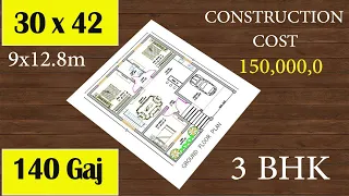 30 x 42 Modern House Plan with Cost | 30*42 3bhk House Design | 140 Gaj House | 1260 sqft