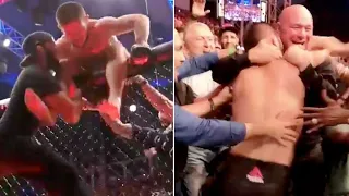khabib nurmagomedov jumping to dana white and he hug khabib in UFC 242