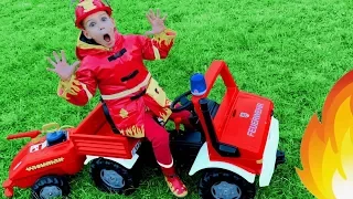 Child Superhero Fireman Vania comes to help little girl Mania
