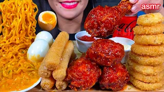 ASMR CHEESY CARBO FIRE NOODLES, SPICY FRIED CHICKEN, CHEESE STICKS,ONION RINGS MASSIVE Eating Sounds