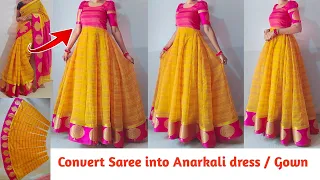 Convert Old Saree into Anarkali dress/Gown | Long frock/dress cutting & stitching in kannada