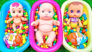 Satisfying Video | Mixing Candy in Three BathTube with Kinder Surprise & Magic M&M's - Cutting ASMR