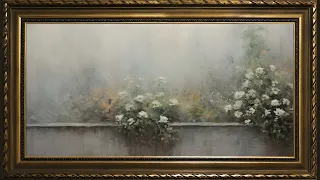 White Roses in Walled Garden, Vintage Impressionist Oil Painting | Framed Art Screensaver for TV
