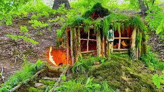 Solo Survival Camping - Building Bushcraft Earth Shelter with Grass Roof and Clay Fireplace