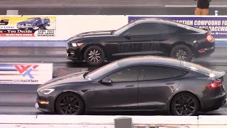 Turbo Mustang vs Tesla Plaid Model S, Turbo Mustang & Hellcat Challenger 1/4 Mile Drag Racing