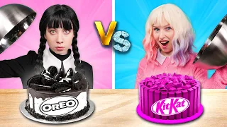 Pink vs Black Food Challenge || Enid vs Wednesday! Amazing Food Hacks by Gotcha! Hacks