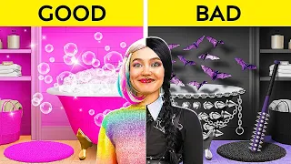 EXTREME GOOD VS BAD BATHROOM MAKEOVER || Pink VS Black DIY Secret Room by 123 GO! FOOD