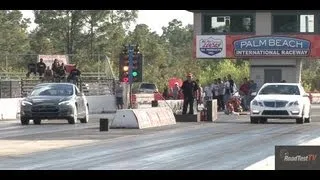 650 HP E63 Bi Turbo AMG vs. Tesla Model S P85 - Drag Race Video - Road Test TV ®