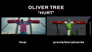 side by side (Final video vs Previs/Storyboards) Oliver Tree - "Hurt" music video