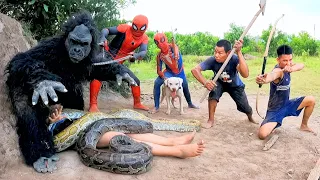 Great Battle: Brave Spider Man and Pitbull Dog Confront Ferocious King Kong Monster Save The Girl