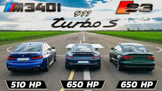 Audi S3 vs 911 Turbo S vs BMW M340i