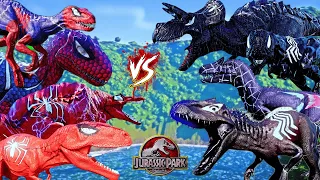 "Spiderman vs Venom Dinosaurs: Epic Battle in Jurassic World Evolution Game"