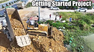 Getting Started Project! Processing Filling Up The Land huge, By Bulldozer and Dump truck unloading