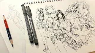 朱藍鉛筆とミリペンで気ままに練習ラクガキ（Practice drawing : real time)