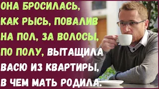 Она бросилась, как рысь, повалив на пол, за волосы, по полу, вытащила Васю из квартиры...