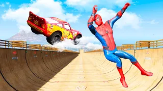 GTA 5 Spiderman Lightning Mcqueen vs Mega Ramp (Spiderman Crazy Jumps/Fails)