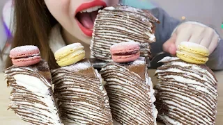 ASMR CREPE CAKE + French Macarons (Chocolate Cake SOFT Eating Sounds)