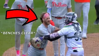BENCHES CLEAR AS BRYCE HARPER GETS ANGRY VS ROCKIES , breakdown