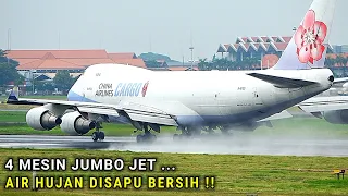 Awesome !!  Water Spray From 4 Jumbo Jet Engines During Take Off At Soekarno Hatta Airport