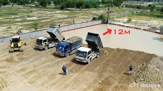 Part12 The Best Driver & Technique Strong Bulldozer Spreading Stone Into Water With Dump Trucks 5Ton