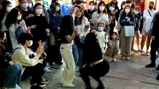 SUNDAY. HAF. ENJOYING EXHILARATING IMPROMPTU BUSKING WITH ONLOOKER. HONGDAE STREET.