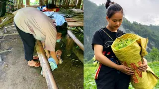 A homeless mother and daughter harvest pumpkin tops to sell - to make a living