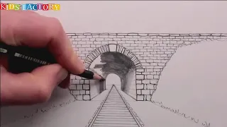 How to Draw using 1-Point Perspective Train Track and Tunnel | Kids Factory