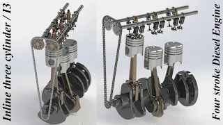 DOHC Inline three cylinder / i3 four stroke diesel engine animation using Solidworks & Photoview360