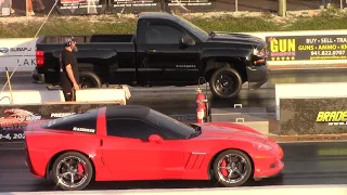 Chevy Silverado vs C6 Corvette and Toyota Supra Drag Races