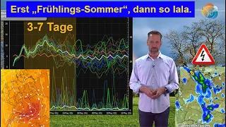 Das Wichtigste in Kürze: Erst "Frühlings-Sommer", dann so lala. Nordosten wärmer, Südwesten nasser.