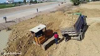 Bad work dozer delete the mud and water with dump trucks unloading [ Dozer stuck help by dozer ]