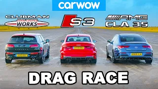 AMG CLA 35 v Audi S3 v MINI Clubman JCW - DRAG RACE, ROLLING RACE & BRAKE TEST!