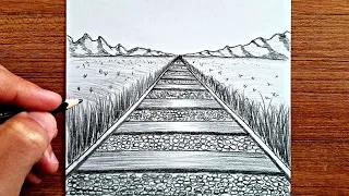 1 Point Perspective Train Way Drawing, One Point Perspective Railway Drawing, One Point Perspective